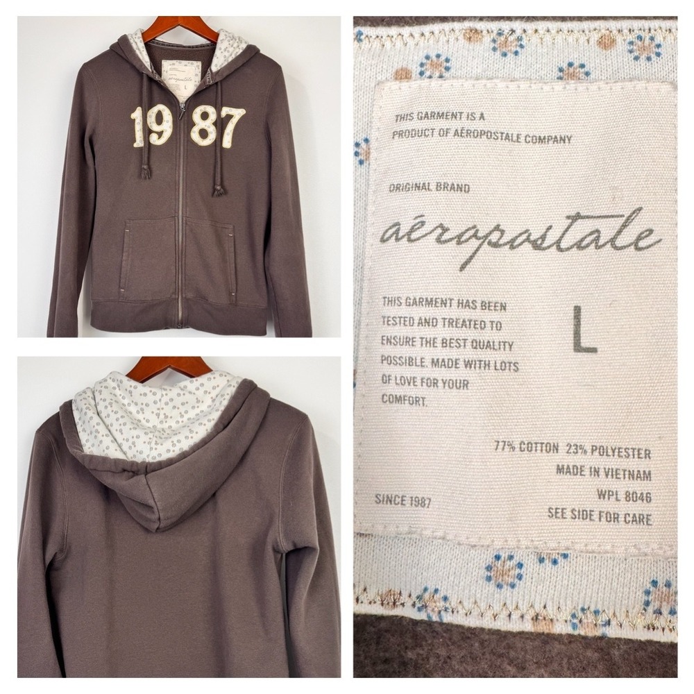 Y2K Aeropostale Zip Up Hoodie Girls Large Brown 1987 Floral Graphic Cotton Blend